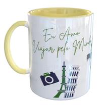 Caneca Porcelana Mapa Mundi Eu amo viajar
