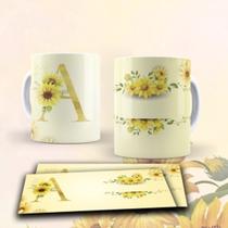 Caneca Porcelana Personalizada Alfabeto Floral + Caixinha de Presente Criativo (vários temas)