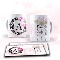 Caneca Porcelana Personalizada Alfabeto Floral + Caixinha de Presente Criativo (vários temas)