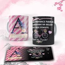 Caneca Porcelana Personalizada Alfabeto Floral + Caixinha de Presente Criativo (vários temas)