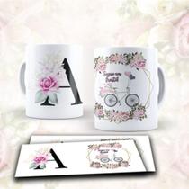 Caneca Porcelana Personalizada Alfabeto Floral + Caixinha de Presente Criativo (vários temas)