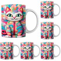 Caneca Porcelana Xícara de Café Chá Com Gatinho Kit 4 Unid