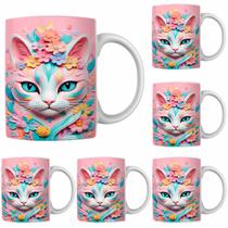 Caneca Porcelana Xícara de Café Chá Gata Kit 4 Unid