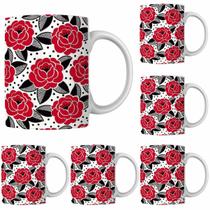 Caneca Porcelana Xícara de Café Rosas Vermelhas Kit 4 Unid