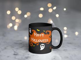 Caneca Preta Porcelana 325ml Happy Halloween Laranja