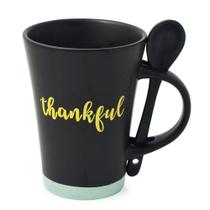 Caneca Preto fosco Thankful com Colher base Azul 310ml - Bon Gourmet