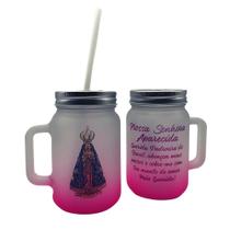 Caneca Religiosa Nossa Senhora Aparecida com Tampa e Canudo Vidro Rosa