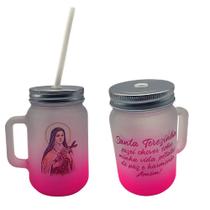 Caneca Religiosa Santa Terezinha com Tampa e Canudo Vidro Rosa