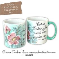 Caneca Reta Chocolate Chá Café de Porcelana 300 ml Pintada à Mão Salmos Crê no Senhor AZALEIAS SILVESTRE ROSA