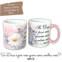 Caneca Reta Chocolate Chá Café de Porcelana 300 ml Pintada à Mão Salmos Se Deus é por Nós ROSA ROSA