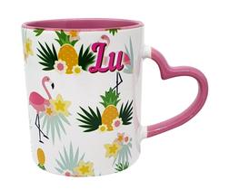 Caneca Rosa Alça Coração Personalizada Aniversário Flamingo