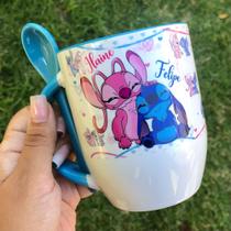 Caneca Stitch Angel Colher Interior e Alça Azul - Com Nome