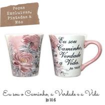 Caneca Tulipa Cônica Chá Café de Porcelana 190 ml Pintada à Mão Salmos Bíblicos Eu sou o Caminho ROSAS ROSA