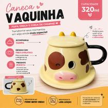 Caneca Vaquinha Cerâmica c/Tampa 320ml Decorativa Café Leite Mãe Amiga Presente Charmosa Exclusiva Fofa Divertida -
