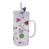Caneca Vidro Sodo Cálcico com Tampa e Canudo Formato Frutas