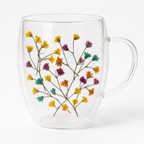 Caneca Xícara 350ML Chá Café Parede Dupla de Vidro Com Flores Coloridas Primavera Decorativas Caneca Xícara 350ML Chá Café Parede Dupla de Vidro Com Flores Coloridas Primavera Decorativas