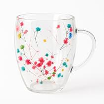 Caneca Xícara 350ML Chá Café Parede Dupla de Vidro Com Flores Coloridas Primavera Decorativas