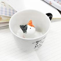 Caneca xícara cerâmica com gatinho dentro 3D - BM36