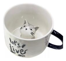 Caneca Xícara Cerâmica Com Gatinho Dentro 3d Gato