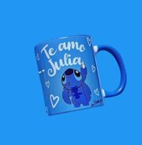 Caneca xícara Copo de Porcelana Cerâmica Alça Azul Personalizada Stitch Te amo Com Nome