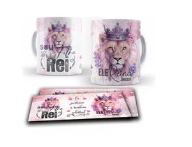Caneca xícara Copo de Porcelana Cerâmica Personalizada Leão Sou Filha do Rei Ele Reina Jesus