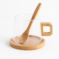 Caneca Xícara De Vidro 300ml Com Alça De Bambu + Pires E Colher Para Café Chá Presente