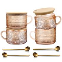 Canecas de café de vidro JVJRFQ 414 ml, conjunto de 4 com tampas e colheres