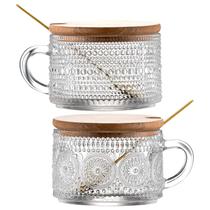 Canecas de café Gezzeny Vintage Glass com tampas de madeira, 400 ml, conjunto de 2 Canecas de café Gezzeny Vintage Glass com tampas de madeira, 400 ml, conjunto de 2