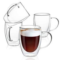 Canecas de café MEWAY de vidro transparente de parede dupla com alça, pacote com 4 unidades de 350 ml Canecas de café MEWAY de vidro transparente de parede dupla com alça, pacote com 4 unidades de 350 ml