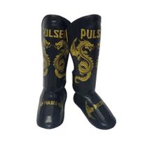 Caneleira de proteção muay thai 30 mm preta dragão dourado pulser