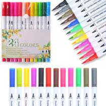 Caneta 24 Cores Brush Pincel Duas Pontas Marca Texto Escolar