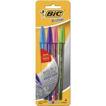 Caneta Bic cristal ponta ultra fina 0.7mm com 4 cores, azul, rosa, roxo e verde