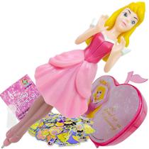 Caneta Boneca Aurora + 100 Mini Adesivos + Porta Adesivos Princesas Disney