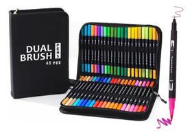 Caneta Brush 48 Cores Pen Duas Pontas Pincel Fina - Estojo