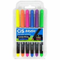 Caneta Brush Pen Aquarelável Tons Neon CiS Estojo 6un Ponta Pincel Cores Vibrante Escolar Faculdade
