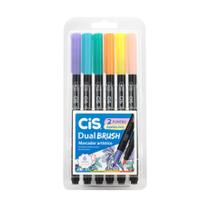 Caneta Brush Pincel Dual Aquarelável Cis Pen 6 cores Pastel
