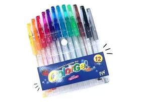 Caneta Colorida Gel Glitter Estojo Kit Com 12 Cores