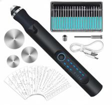 Caneta de Gravação Mini Retífica Metálica USB 18.000 RPM 20 Pontas e Discos de Corte Preta