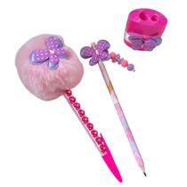 Caneta e Lápis Infantil com Pompom e Pingente de Borboletas e Apontador - Decornato