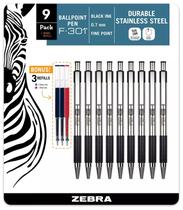 Caneta esferográfica Zebra F-301, tinta preta retrátil de 0,7 mm, pacote com 9