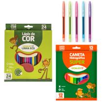 Caneta Gel 5 Cores + Lápis de Cor 24 Cores + Canetinha 12 Cores - Leo e Leo