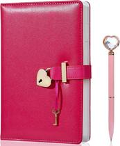 Caneta Heart Lock Diary Key, couro PU, A5, caderno Journal Secret, presente para mulheres, meninas e meninos rosa vermelha - HUOGUO