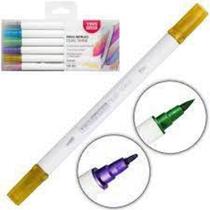 Caneta hidrografica pincel metalico dupla dual shine yins paper com 6 pecas