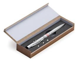 Caneta Laser Pointer Vermelho 3 em 1 Com Lanterna Led E Bateria Inclusa Metal Prata Estojo Rígido