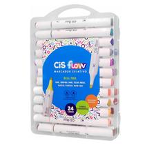 Caneta Marcador Artístico Estojo c/ 24 Cores Dual Pen 2 Pontas Pintura Colorir Cerâmica Cores Vivas