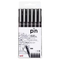 Caneta Nankin Uni-Ball Uni Pin Fine Line Preta com 6 Peças