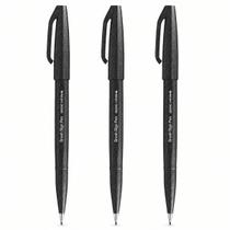 Caneta Pincel Brush Sign Pen Kit 3 Cores Preto Vermelho Azul para Prontuário Ficha Receituário Escrita Clínica Traço Legível -