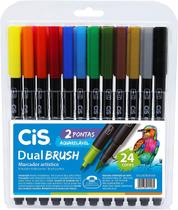 Caneta Pincel Dual Brush 2 Pontas Aquarelável 24 Cores Cis