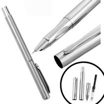 Caneta prata pena tinteiro presente luxo extra fina 0,38mm