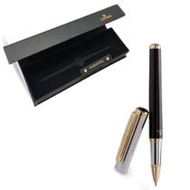 Caneta Rollerball Tinta Crown Regent Preta com Prata e Dourado Presente Luxo Estojo